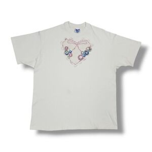 Vintage Hanes Beefy-t Crochet Heart Button Lace White 90's T-Shirt Unisex XL